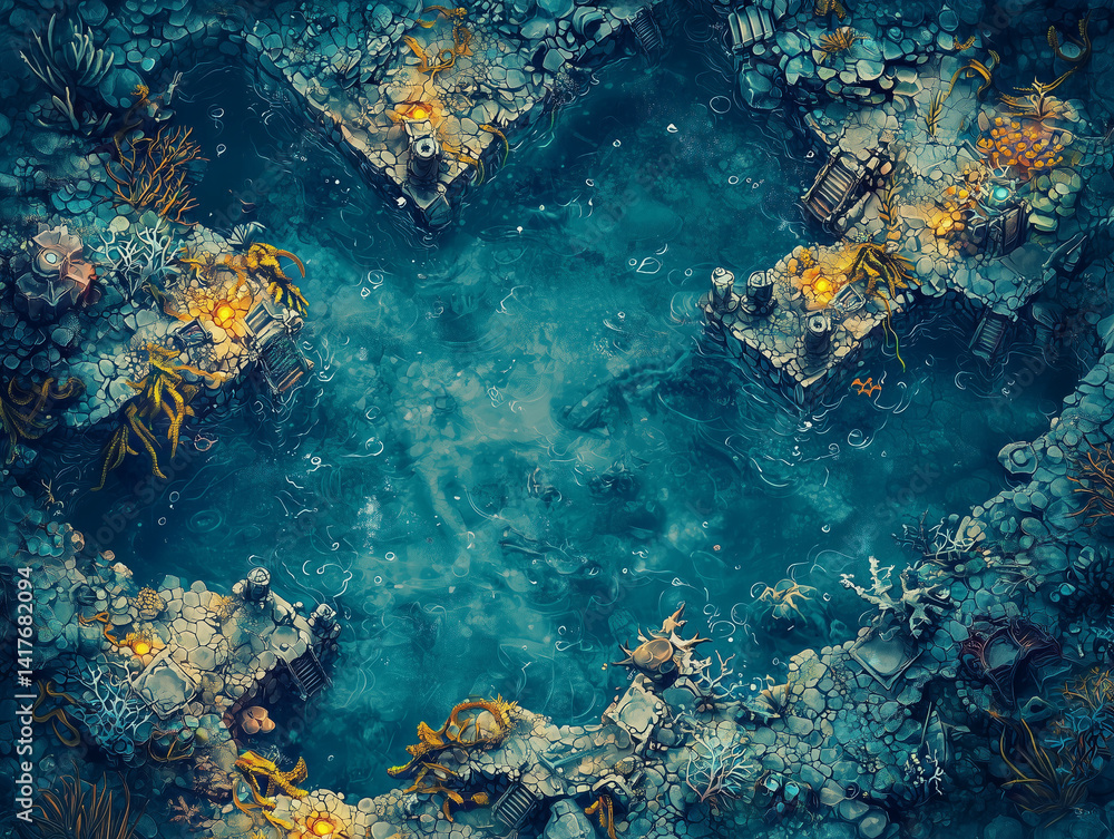 Obraz premium underwater world map, coral maze structures, glowing trenches, kelp forests and submerged ruins, fantasy marine style