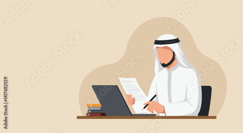 Arab Muslim Man Working on Laptop at Desk with Documents