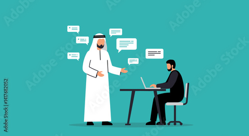 Arabian Business Meeting Illustration with Men Discussing Ideas at a Desktop with Chat Bubbles over a Blue Background