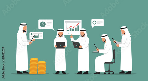 Arabian Business Team Presentation Analyzing Financial Data And Strategies In Front Of Green Background