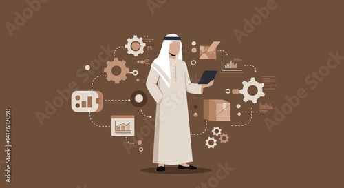 Arabian Businessman Holding Digital Tablet In Beige Outfit Against Brown Background With Connected Digital Icons