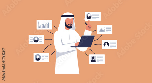 Arabian Businessman Presenting Digital Data And Information Using Laptop Technology With Beige Background