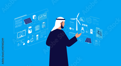 Arabian Businessman Presenting Digital Interface With Wind Turbine Energy Icons