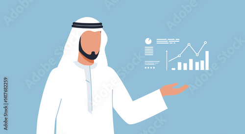 Arabian Businessman Presenting Financial Data Graph on Blue Background with White Attire
