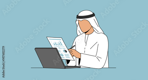 Arabian Businessman Reading Document With Laptop On A Light Blue Background