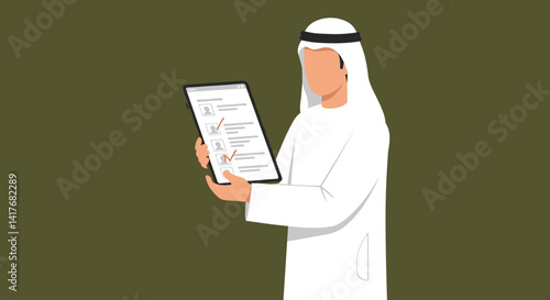 Arabian Businessman Reading Document on a Tablet in White Attire and a Green Background