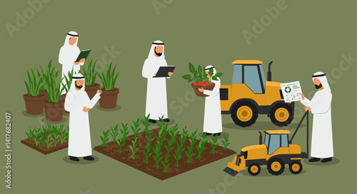 Arabian Farmers And Farm Workers Examining Crops Using Tractors And Soil Gardens With Green Plants And Brown Earth Under Bright Daylight