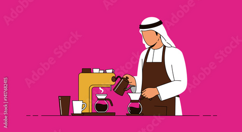 Arabian Man Barista in Traditional Attire Preparing Coffee with Dripper in Pixel Style Against Pink Background
