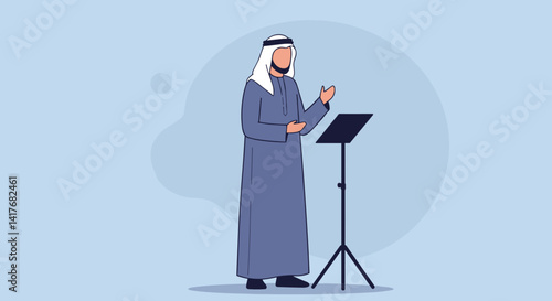 Arabian Man Delivering a Speech from Podium in Traditional Attire with Beard against Light Blue Backdrop