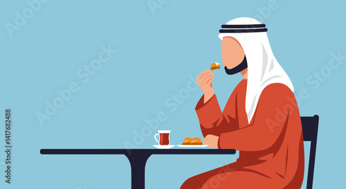 Arabian Man Eating At Table Isolated Against Light Blue Background in Traditional Attire