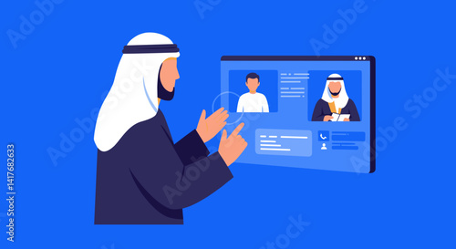 Arabian Man in Traditional Attire Interacting with a Digital Screen Showing a Video Conference