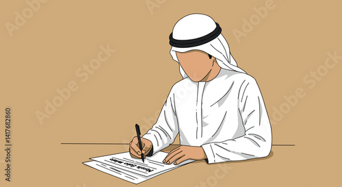 Arabian Man Writing on Paper with Pen in Formal White Clothing with Brown Background