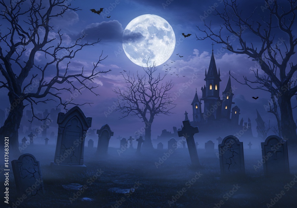 Fototapeta premium Spooky Halloween Graveyard with Castle and Full Moon