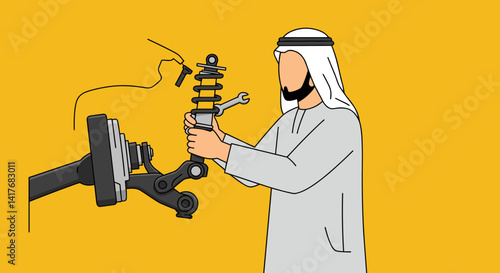 Arabian Mechanic Working on a Car's Suspension System with a Wrench on Yellow Background