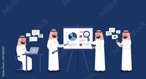 Arabian Men In Traditional White Attire Having a Business Meeting Using Laptop and Projector with Data Chart in a Blue Background
