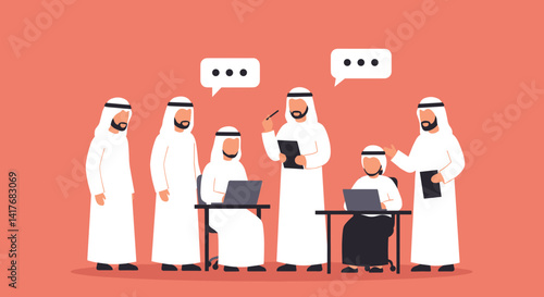 Arabian Men in White Thobes Discussing Business in Pixel Art Style with Speech Bubbles and Laptops on Red Background