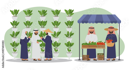 Arabian Men in Traditional Garb Discuss Vegetables at a Local Farm Market with Fresh Produce and Plants