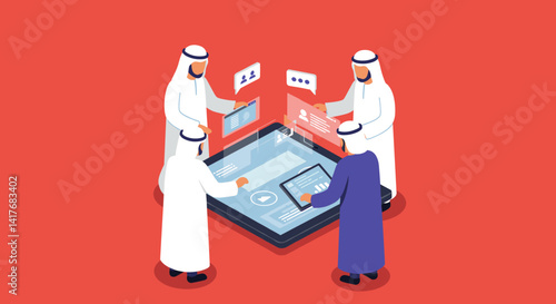 Four Arab Men in Traditional White Attire Around a Digital Tablet on a Red Background in Isometric Style
