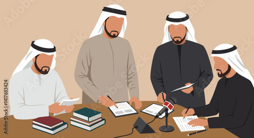 Four Arab Men in Traditional Attire Engage in Business Discussion Around a Table Documents and Microphone