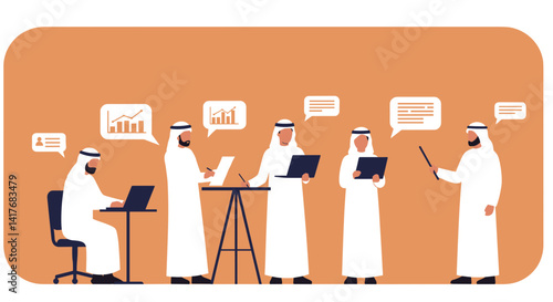 Group Of Arab Businessmen In White Traditional Outfits Having A Business Meeting Presentation with Digital Devices and Data Analysis