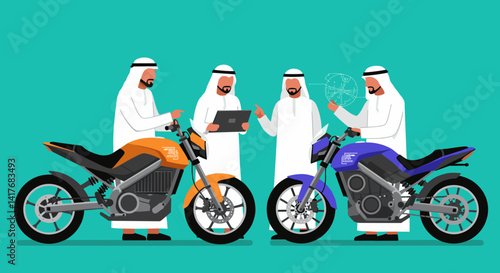 Four Arab Men in White Thobes Discussing Two Electric Motorcycles in a Pixelated Style Against Teal Background
