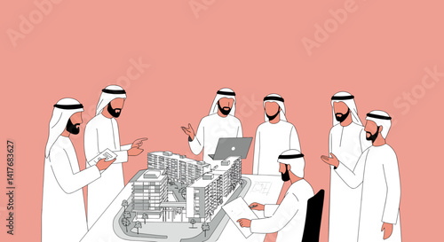 Group of Arab Men in White Traditional Attire Discussing Business around a Laptop on a Pink Background