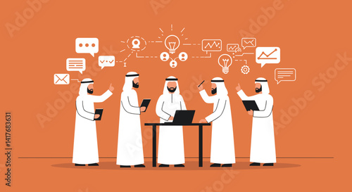 Group Of Arab Men In White Traditional Outfits Gathered Around Table With Laptop Discussing Business Strategy On Pixel Art Style Orange Background