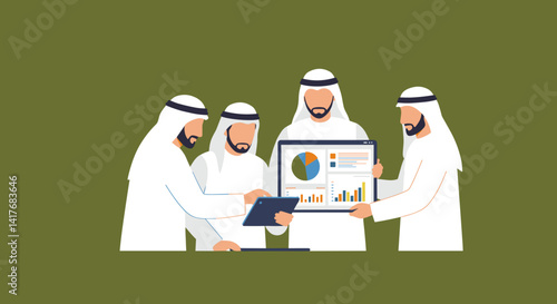 Group Of Arab Men In White Traditional Garb Examining A Tablet Displaying Business Charts And Data With Green Background