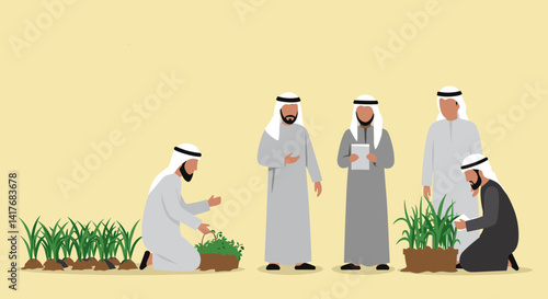 Group Of Arab Men Observing Green Plants In A Brown Field Under Soft Lighting With Tan Background