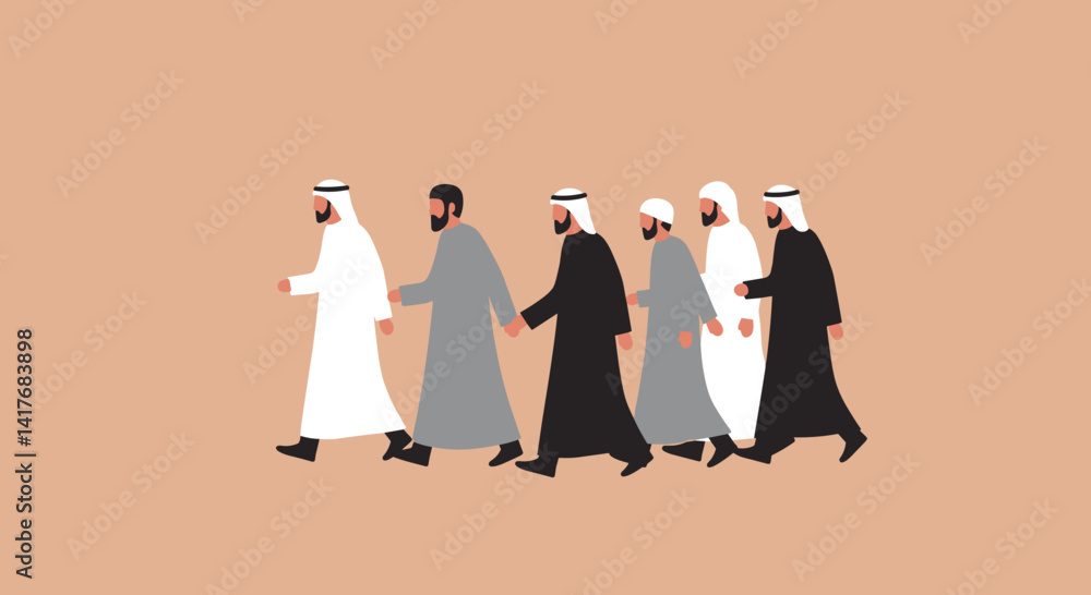 Obraz premium Group Of Men In Traditional Attire Walking On A Brown Background In A Line Formation Simple Flat Illustration
