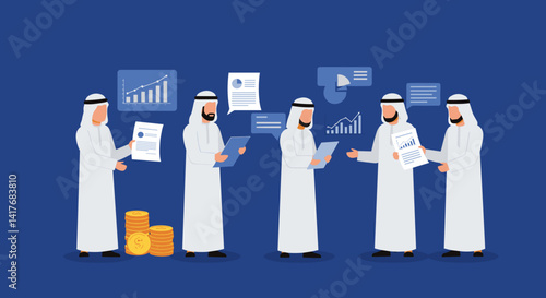 Group of men in traditional attire discussing business data and financial reports on blue background