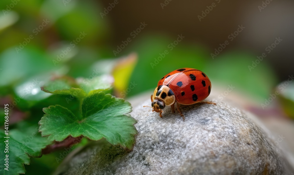 Ladybug rests on rock, surrounded by lush green foliage, garden setting use Ladybug rests on rock, surrounded by lush green foliage, garden setting use