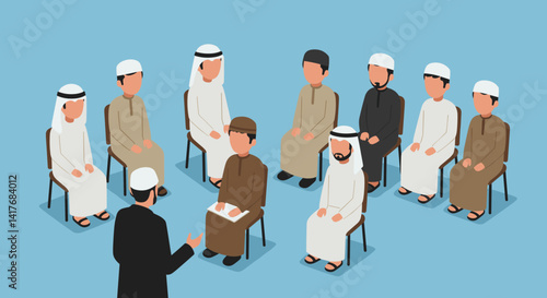 Group of Men in Uniform Attending Formal Business Meeting Sitting on Chairs in Blue Background