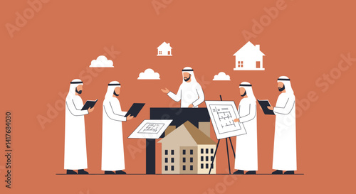 Group of Men in White Traditional Attire Having a Business Meeting with Building Illustrations on Orange Background