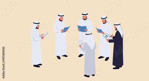 Group Of Men In White Traditional Garb Involved In Discussion With Documents