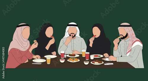 Group Of Middle Eastern People Eating Dinner Together At Table in Dark Green Background