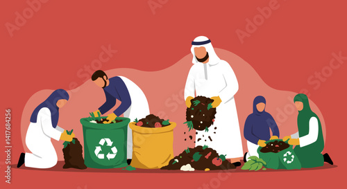 Group Of People Recycling Waste Outdoors In Pixelated Style On Red Background