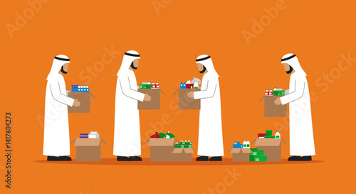 Group Of Pixelated Men In Traditional White Attire Carrying Boxes Of Donations On Orange Background