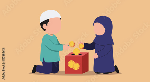 Muslim Children Donating Coins Into Red Box With Gold Coins on Brown Background