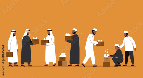 Muslim Men In Traditional Clothing Distributing Food From Cardboard Boxes on an Orange Background in a Pixelated Flat Design