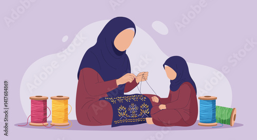 Muslim Mother Teaching Daughter Sewing Skills Using Needles Threads and Colorful Spools in Home Setting