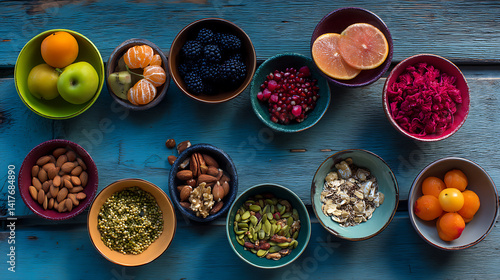 Selection of healthy food. Superfoods, various fruits and assorted berries, nuts and seeds. A vibrant and healthy-looking arrangement of various fresh fruits and vegetables displayed in small bowls on
