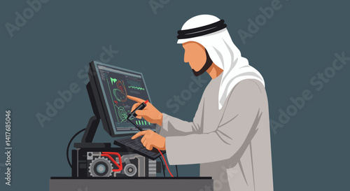 Pixelated Arab Man Working On Computer Monitor Showing Data Analysis In Front Of Dark Blue Background