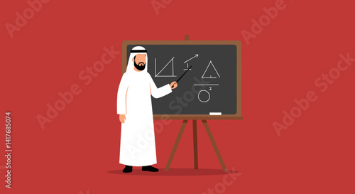 Pixelated Arab Teacher With Blackboard Teaching Geometric Shapes in a Red Background