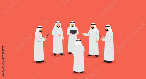 Pixelated Arab Men in Traditional Attire Standing Together Discussing on Red Background for Business and Collaboration