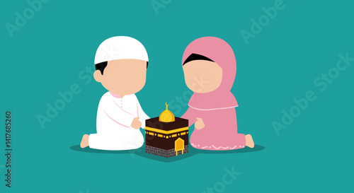 Pixelated Illustration of Muslim Couple Praying Near Kaaba Building in Teal Background