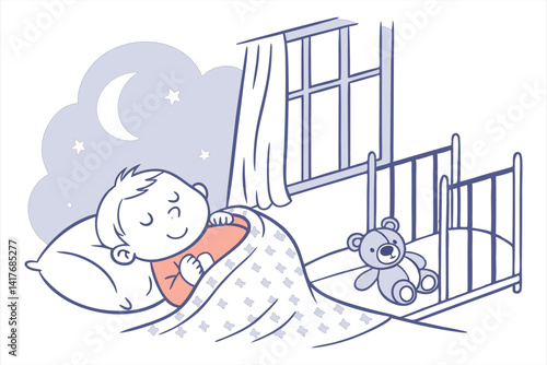 Peaceful Baby Sleeping with Teddy Bear in Moonlit Cozy Bedroom Scene