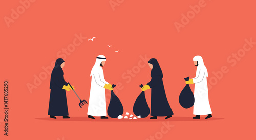 Pixelated Illustration Of Muslim Men And Women In White And Black Uniforms Cleaning Trash Bags Against Orange Background