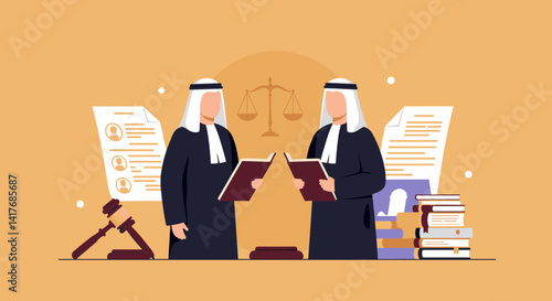 Two Middle Eastern Judges in Black Robes Reading Documents with a Scale and Stack of Books on a Brown Background