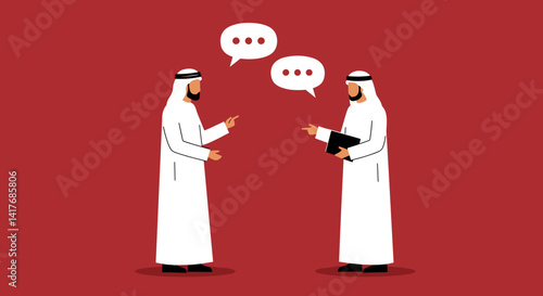 Two Pixelated Arab Men In White Traditional Garb Converse With Red Background and Speech Bubbles